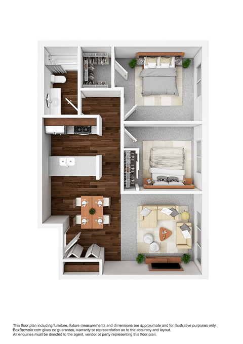 A floor plan of a small apartment with a kitchen, living room, and bedrooms.